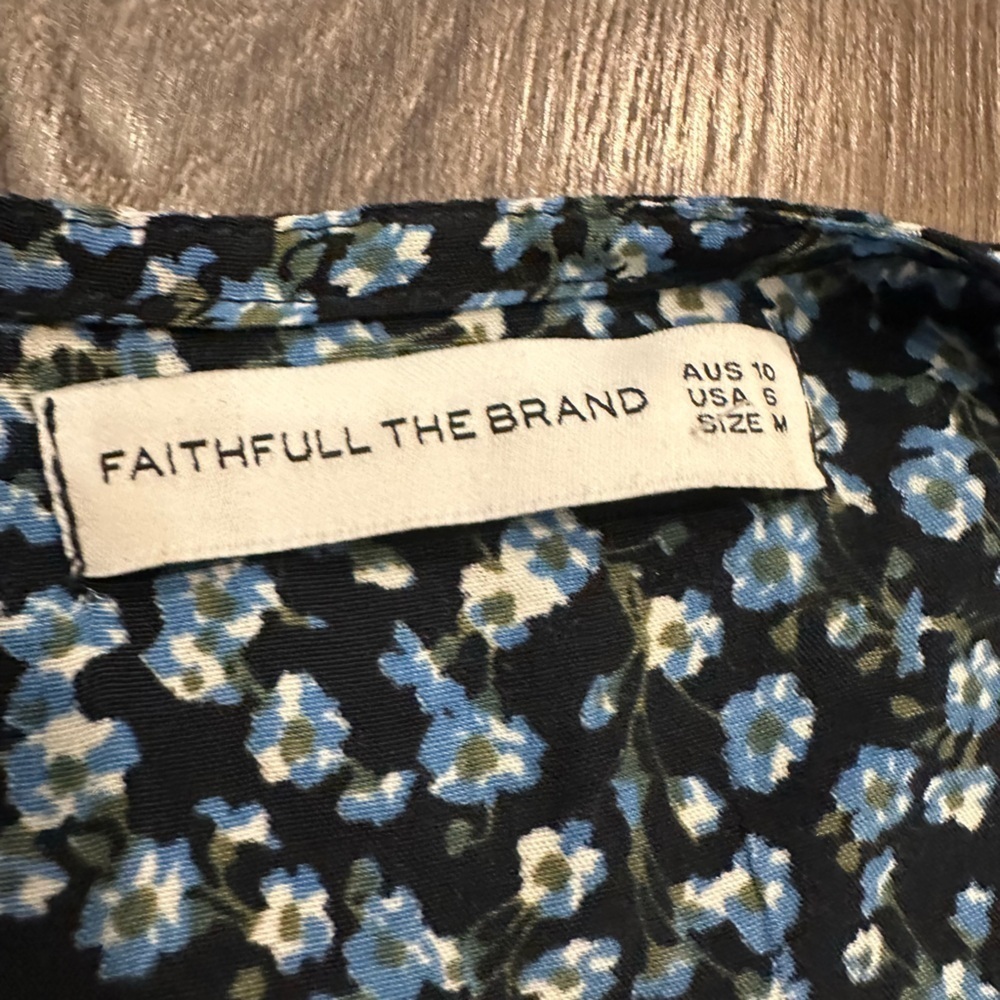 Faithfull the Brand Anthropologie Blue Ditsy Floral Bell Sleeve Wrap Dress Sz 6 - Picture 9 of 14